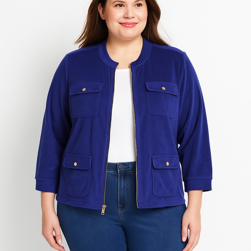 Talbots Terry Cloth Zip Jacket Blue Button Pockets Size 1X